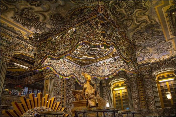 opulent mausoleum of emperor Khải Định, decorated with incredibly detailed mosaics. The emperor increased the tax by 30 percent to fund its construction opulent mausoleum of emperor Khải Định, decorated with incredibly detailed mosaics. The emperor increased the tax by 30 percent to fund its construction