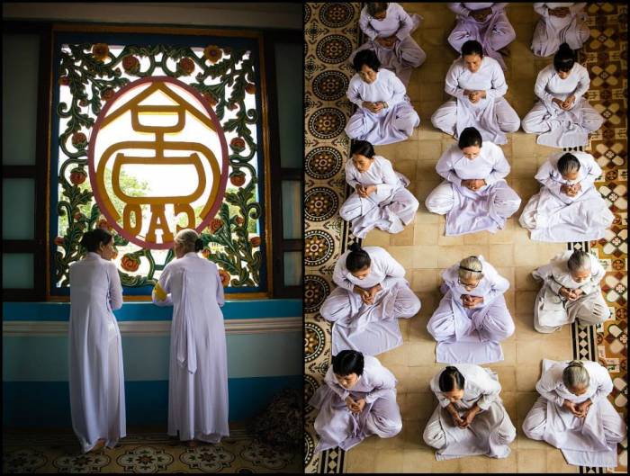 worshippers of Cao Đài - syncretic, monotheistic religion officially established in southern Vietnam in 1926, combining Buddhism, Christianity, Taoism, Confucianism, and Islam Cao Đài worshippers in Tây Ninh