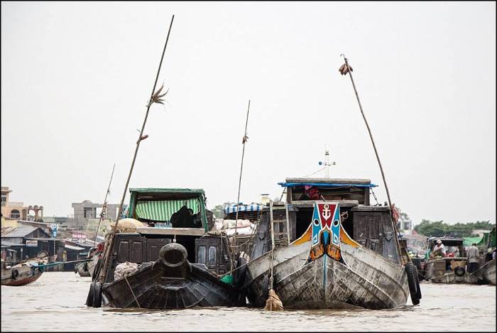 boats have bamboo poles attached with sample products to indicate what's being sold Cai Rang floating market